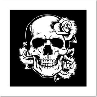 tattoo skull adorned with roses Posters and Art